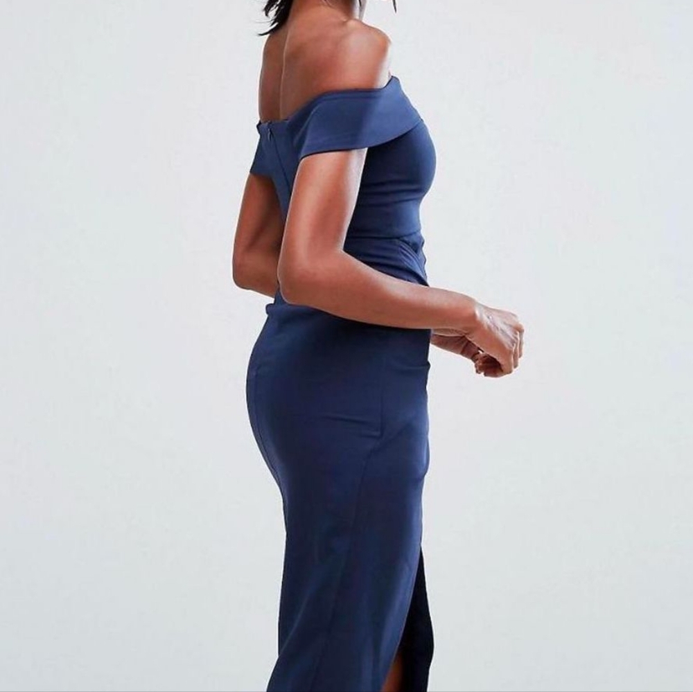 LUCILLE Twist Bardot Pleated Midi Dress in Navy